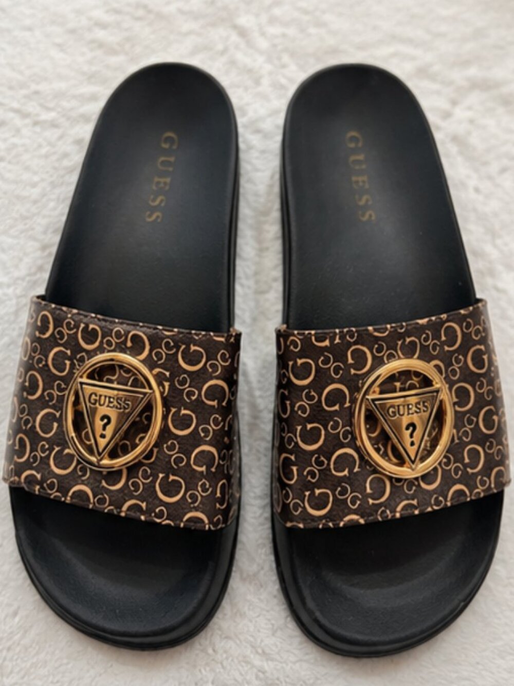 GUESS Brown Monogram Gold Logo Slide Sandals Black Designer Slip On
